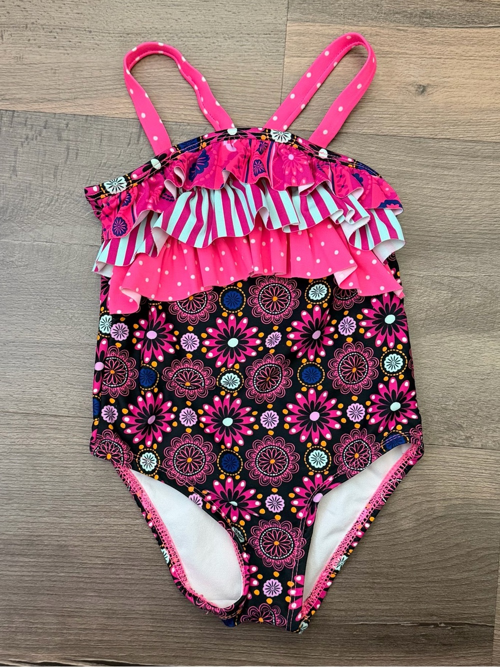 Circo Toddler Black & PInk Geometric Floral Print Ruffle Top Swimsuit Size 2T